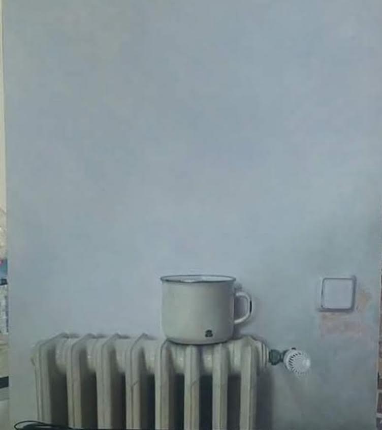 Quiet painted study of an enamel cup on a radiator