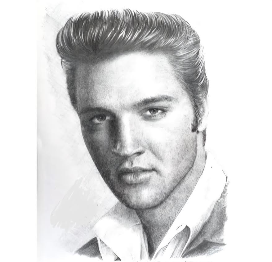 Graphite portrait of a legendary singer with styled hair