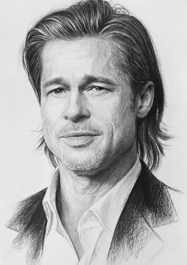 Hand-drawn graphite portrait of Brad Pitt