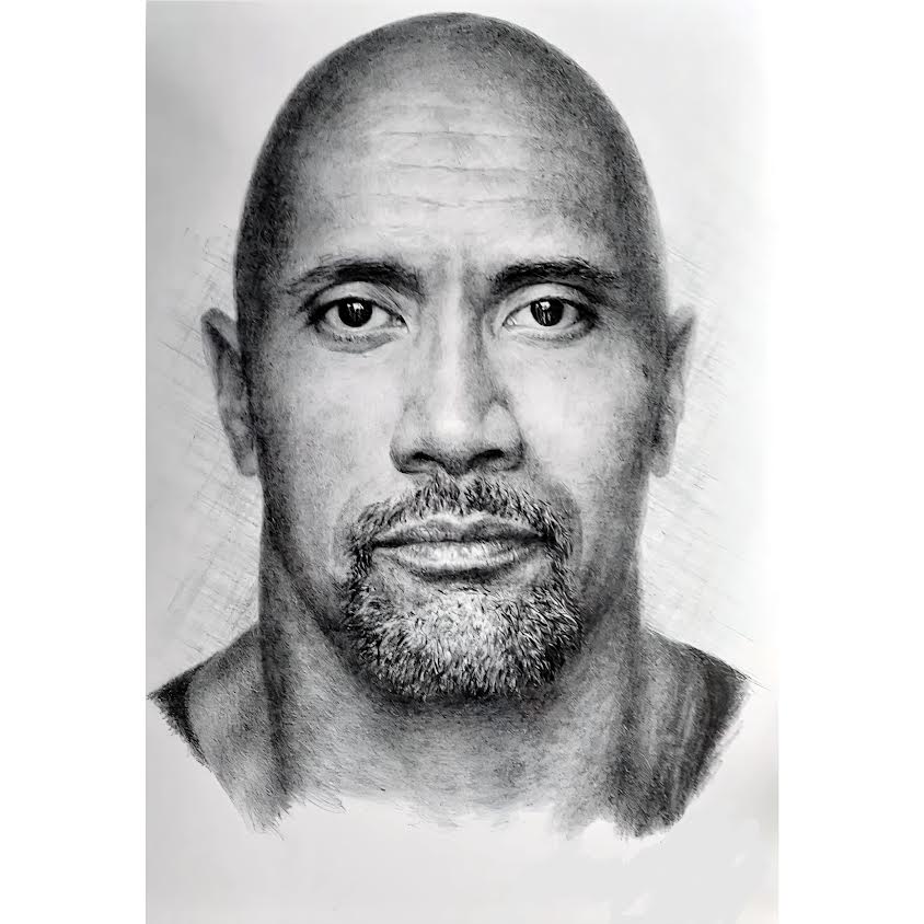 Hand-drawn graphite portrait of Dwayne Johnson