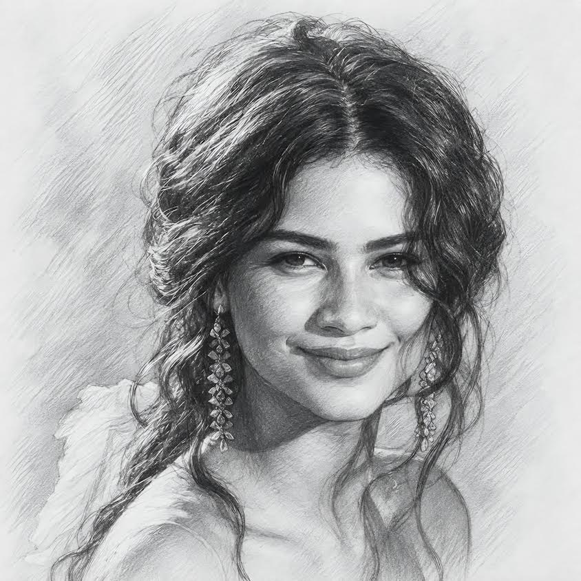 Hand-drawn graphite portrait of Zendaya