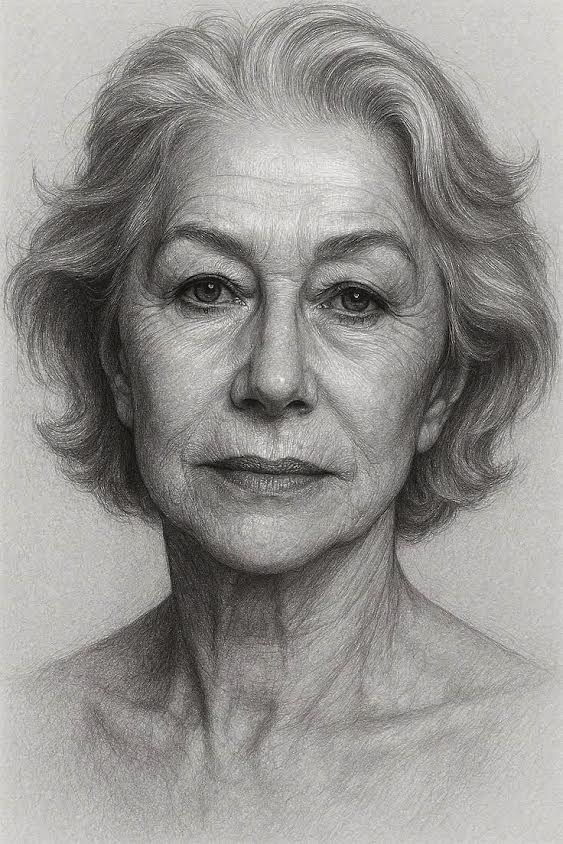 Hand-drawn graphite portrait of Helen Mirren