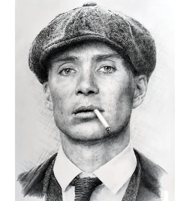 Hand-drawn graphite portrait of Cillian Murphy as Tommy Shelby in Peaky Blinders