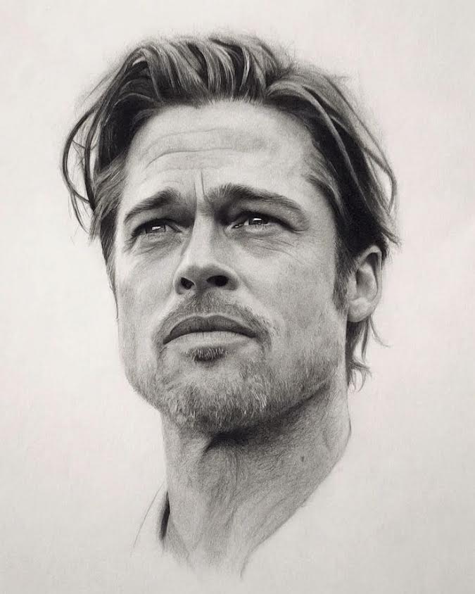 Hand-drawn graphite study of Brad Pitt looking upward