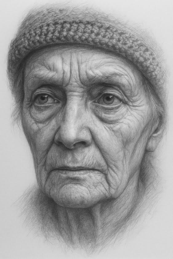 Powerful graphite character study of an elderly woman