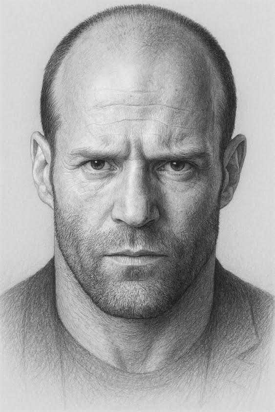 Hand-drawn graphite portrait of Jason Statham