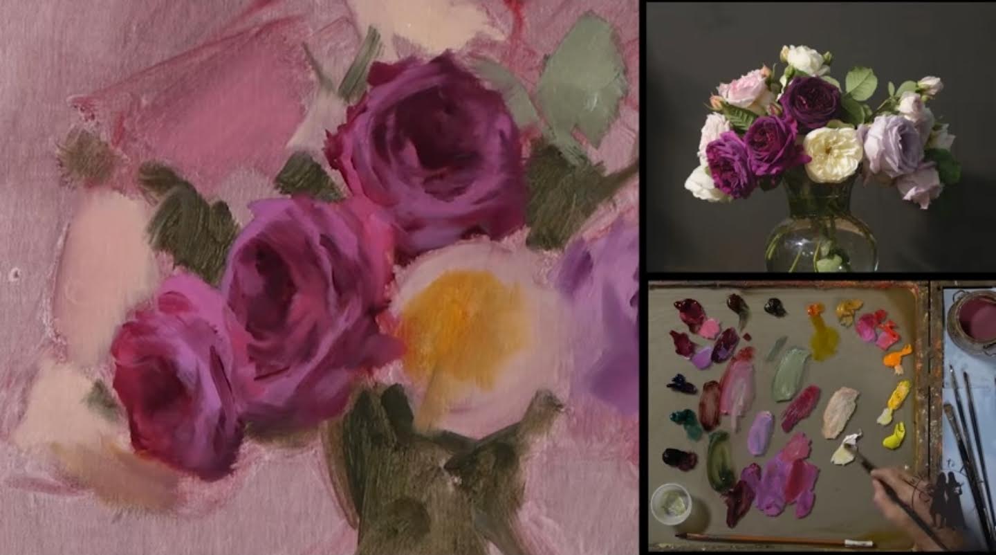Rose painting beside its floral reference and working palette