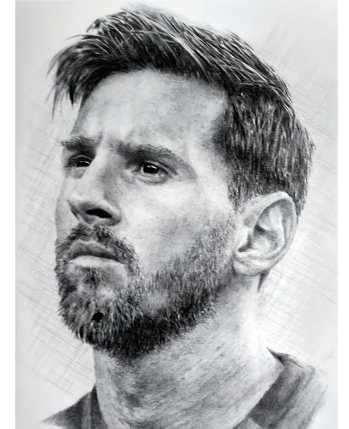 Hand-drawn graphite portrait of Lionel Messi