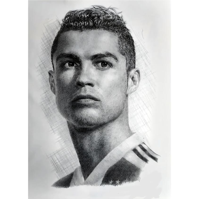 Hand-drawn graphite portrait of Cristiano Ronaldo